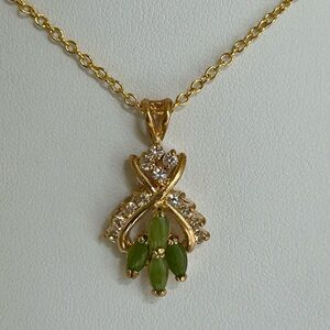 Genuine Green Jade & Swarovski Crystals 18K Gold Plated Pendant Necklace
